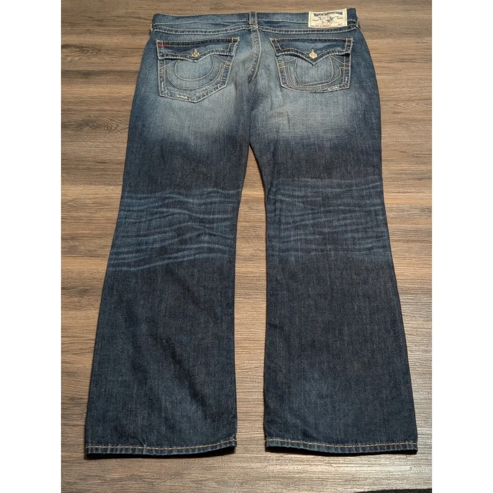 True Religion Straight Leg Distressed Jeans Mens 38 Dark Wash Ripped Denim Blue